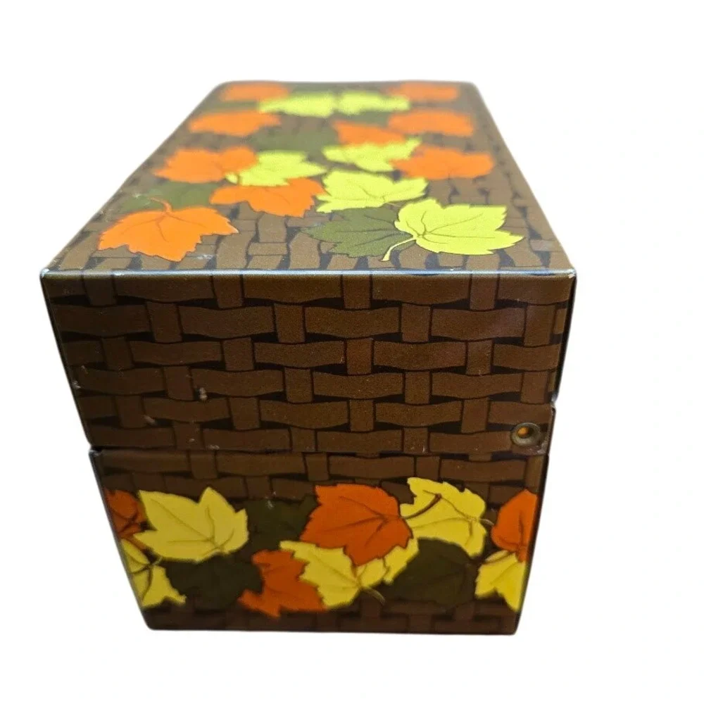 VTG Autumn Thanksgiving‎ Tin Recipe Box Syndicate Mfg Fall Leaves MCM